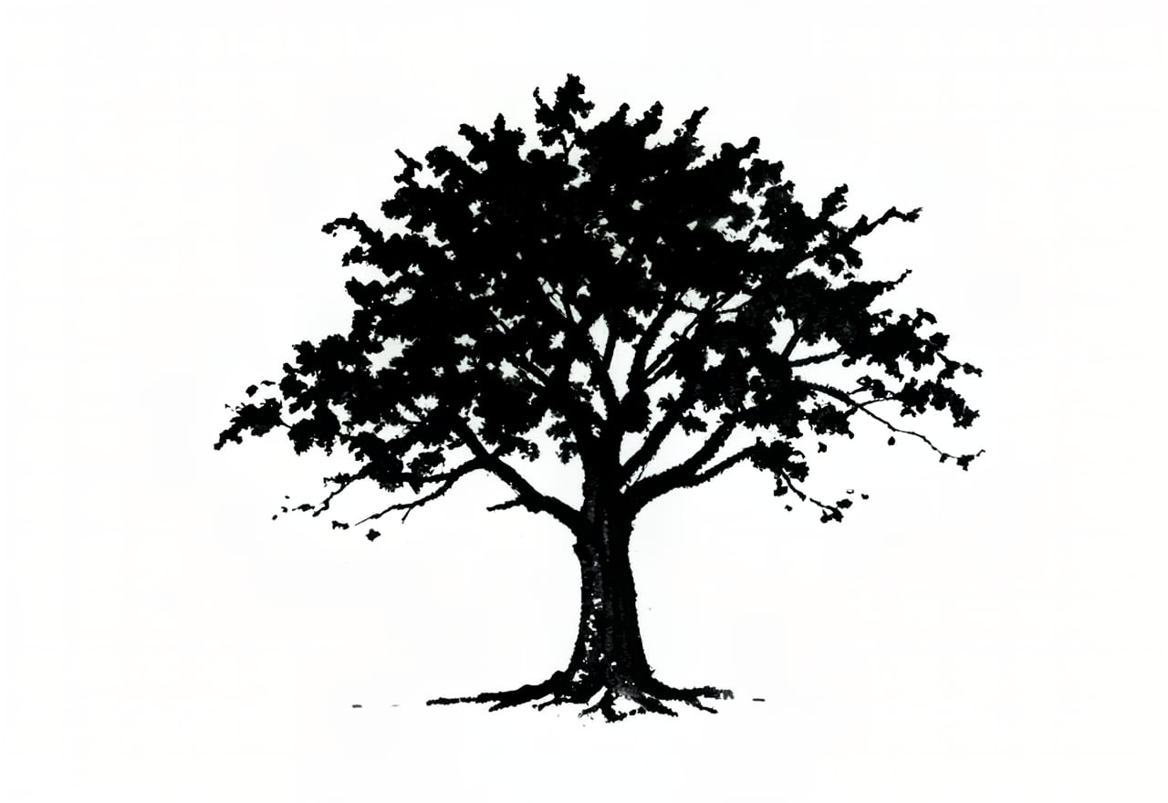 Inkttekening van een solitaire boom met brede kroon in zwart op wit, met zichtbare penseelkorrel in de bladmassa