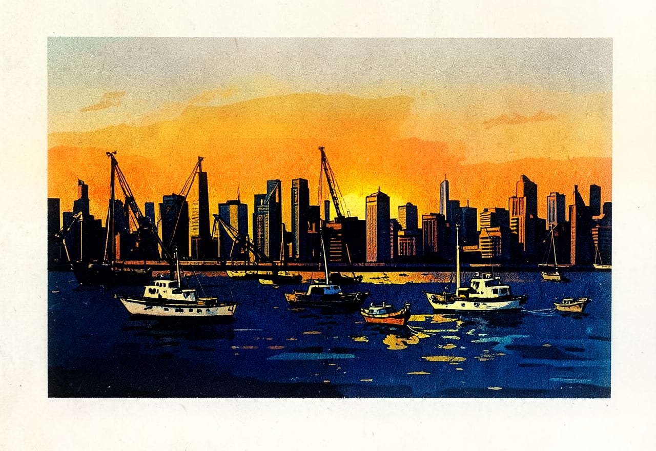 Risografische illustratie van een haven bij zonsopkomst, warme crème en kobaltblauw