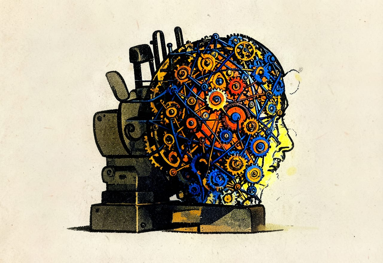 Risografische illustratie van een menselijk hoofd in profiel, gevuld met blauwe en oranje tandwielen en verbindingslijnen, gemonteerd op een zware metalen machinevoet
