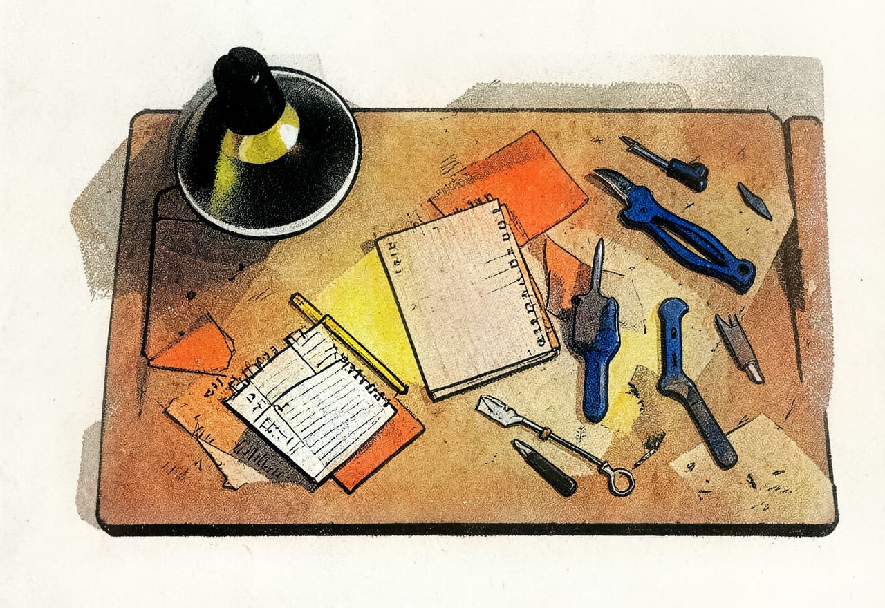 Risografische illustratie van een werktafel met gereedschap