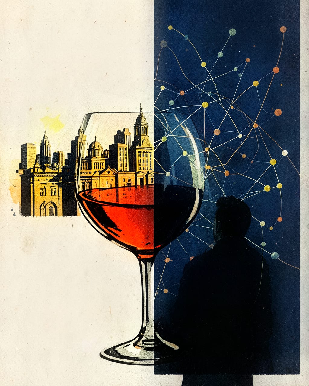 Risografische collage: links een gouden stadssilhouet op crème papier, rechts een donkerblauw vlak met een netwerk van verbonden knooppunten en een man op de rug gezien, met een groot glas rode wijn precies op de scheidslijn.